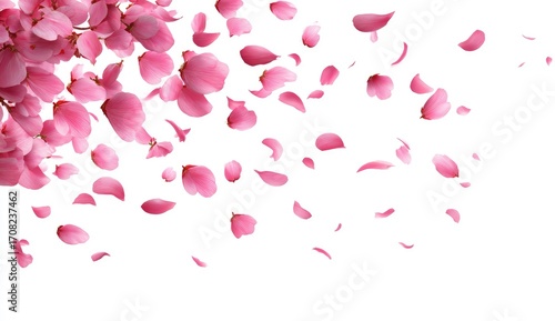 Delicate pink flower petals float in the air against a white background