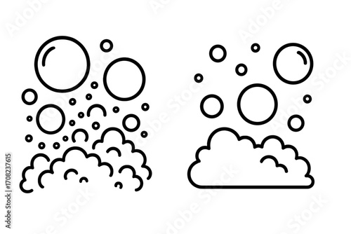 Soap bubble and foam outline icon set. Vector cartoon illustration of suds, lather, and fizz. For concepts of washing, cleaning, hygiene, shampoo, beer, or soda drinks.