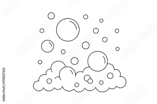 Soap bubbles vector line icon set. Thin line drawing of foam and suds for washing and cleaning. Fizzy water or bath foam cartoon illustration on a transparent background.