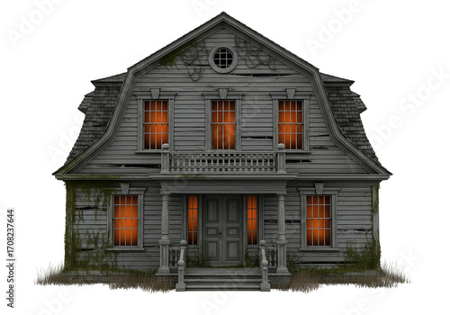 An aged, weathered gray house with glowing windows stands out against a stark black backdrop.