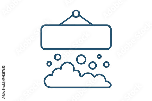 Car wash service icon with hanging sign and soap foam. Blank customizable signboard for laundry or cleaning business. Vector line art illustration of bubbles and suds.