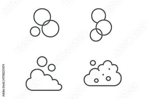 Bubble and foam minimalistic pictogram icon set. Thin line vector illustration for soap, suds, and cleaning concepts. Simple outline symbols for washing, water, and purity.