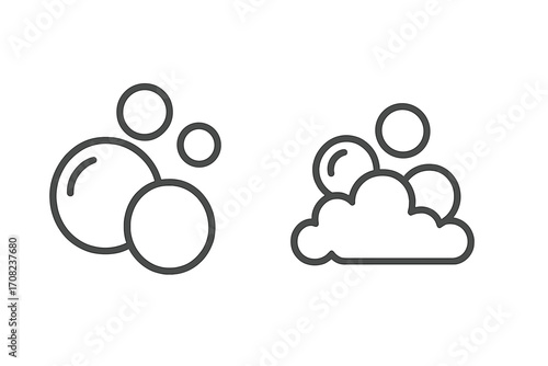Soap bubble and foam icon set. Thin line art symbol for suds, lather, and cleaning. Vector illustration for hygiene, shampoo, laundry, and fizzy drinks. Isolated graphic.