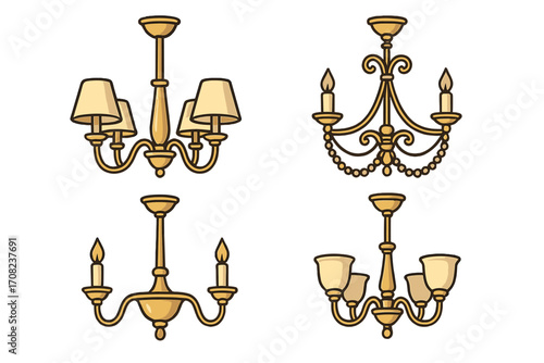 Chandelier vector set. Classic ceiling lamp collection. Vintage luxury light fixture icon for interior design. Ornate gold retro cartoon illustration for home decor decoration.