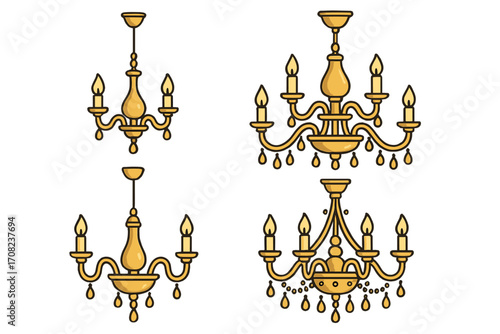 Set of classic ceiling chandelier icons. Golden vintage light fixture collection for interior design. Luxury lamp with candles and crystals. Vector cartoon outline illustration.