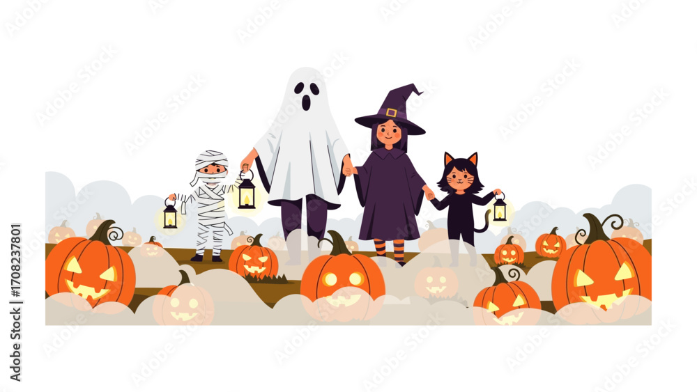 Fototapeta premium Halloween Costume Parade: A festive Halloween scene with children in spooky costumes and illuminated pumpkins, a colorful celebration of the season's spirit. 