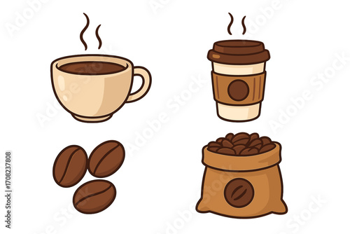 Coffee icon set with mug, paper cup, beans and sack. Vector cartoon illustration for cafe menu or sticker. Hot drink, caffeine, espresso, morning beverage concept.