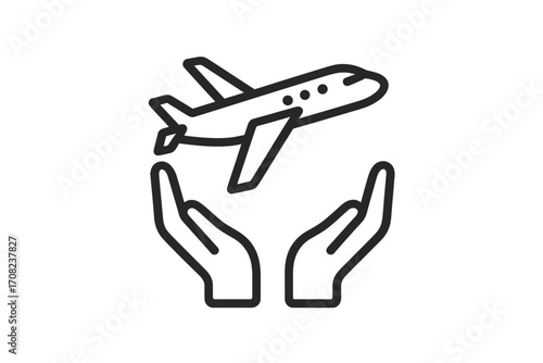 Travel insurance concept. Airplane in hands icon. Metaphor for flight safety, and booking protection. Vector line art for tourism business, airline industry, web and apps.