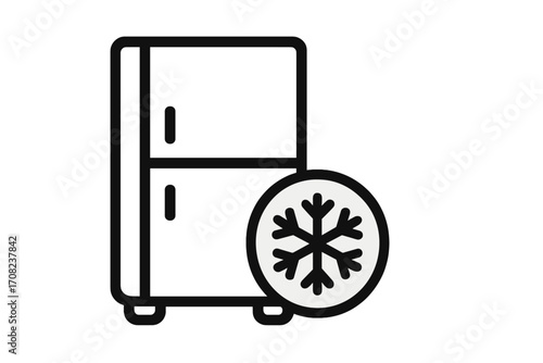 Refrigerator freezer line icon with snowflake symbol. Vector illustration of cold storage concept. Simple outline graphic for kitchen appliance, food preservation, and cooling.
