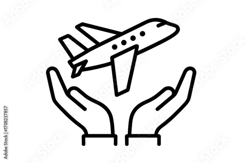 Travel insurance concept. Safe flight and airplane care symbol. Hands holding a plane. Aviation protection and security. Travel agency logo. Airline support icon. Vector line art.