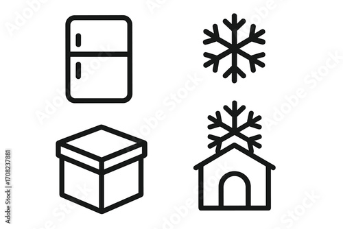 Cold storage icon set for logistics and delivery. Refrigerator, snowflake, package box, and frozen warehouse symbols. Minimalistic line art for web and graphic design.