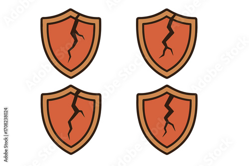 Cracked shield vector icon set. Security failure concept. Broken protection symbol for interface, ads. Damaged defense pictogram, vulnerability metaphor, cartoon illustration.