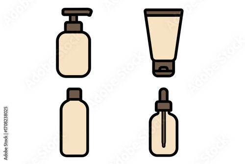 Cosmetic bottle container set. Skincare packaging collection. Pump, tube, dropper bottle icons. Vector illustration for beauty products, lotion, cream, serum. Editable stroke.