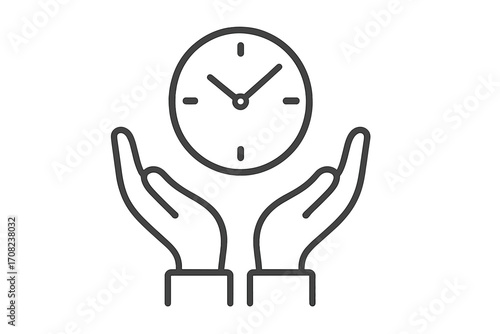 Hands holding clock icon. Time management, save time, value of time concept. Metaphor for schedule, planning, deadline, productivity, and efficiency. Punctuality sign.