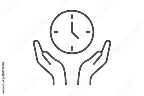 Time management concept icon. Hands holding a clock. Save time, efficiency, and productivity symbol. Deadline, schedule, and planning vector illustration for business.