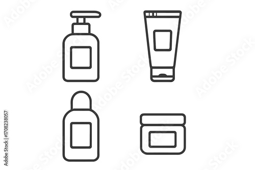 Cosmetic packaging line icon set. Skincare product containers vector. Includes pump dispenser, lotion, cream tube, shampoo bottle, cosmetic jar. Beauty, spa graphic symbols.