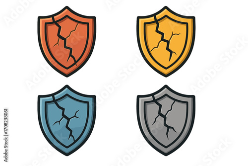 Cracked shield icon set. Metaphor for vulnerability, risk, and broken defense. Security breach symbol. Damaged protection pictogram for games, ui, web. Vector cartoon.