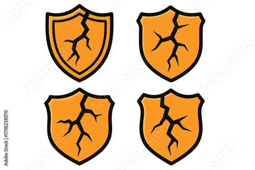 Broken shield icon set. Metaphor for vulnerability, risk, data breach and failure. Cracked protection and security symbol. Vector cartoon illustration for unsafe concept design.