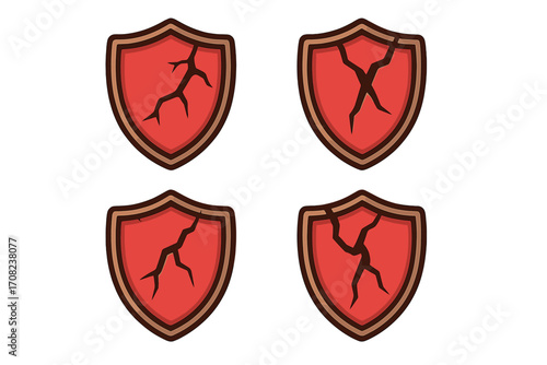 Set of cracked shield icons. Vector illustration of a broken safety symbol. Concept for vulnerability, risk, weak defense, data breach, and unprotected security system.