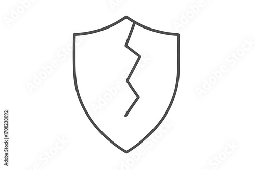 Cracked shield line icon. Broken protection symbol. Metaphor for vulnerability, risk, insecurity, data breach, and failed defense. Simple vector illustration of a weak guard.