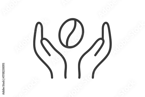 Coffee bean in hands line icon. Concept for care, quality coffee, fair trade, and agriculture. Minimal vector for web design, apps, logo, cafe, and specialty coffee.