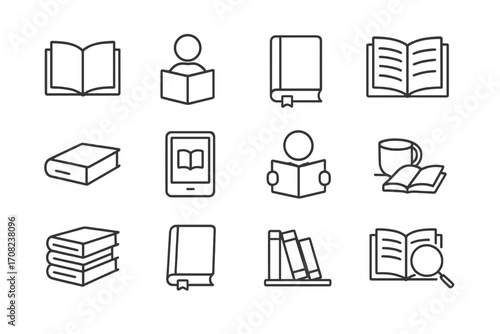 Book icon set for education and learning. Vector line symbols of reading, library, literature, and knowledge. Includes ebook reader, bookshelf, research, and study pictograms.