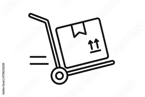 Fast delivery icon. Hand truck with package, shipping and logistics symbol. Warehouse trolley with box. Freight transportation pictogram. Moving service vector graphic concept.