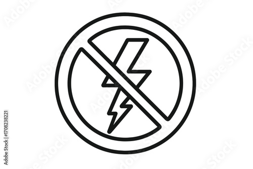 No electricity outline warning sign. Vector graphic of a prohibited lightning bolt symbol. Danger, no power, voltage forbidden concept for designs, apps, books, and adverts.