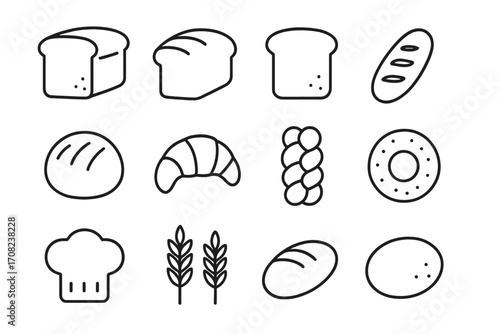 Bread and bakery line icon set. Collection of minimalist pictograms for web and graphic design. Includes loaf, slice, croissant, baguette, bagel, challah, and wheat symbols.