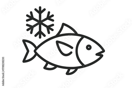 Frozen fish vector line icon. Minimalist outline symbol of seafood with snowflake. Concept of freezing food, fresh products, grocery, market. Graphic for packaging label.