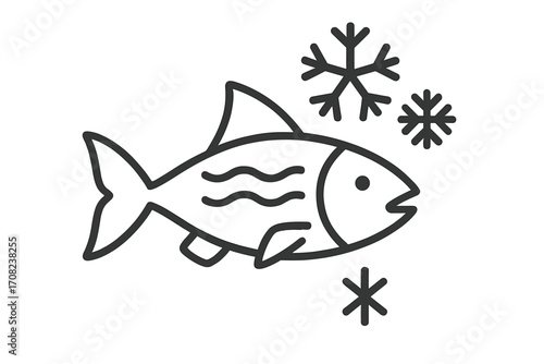 Frozen fish vector line icon, seafood outline symbol for packaging or menu. Cold fish pictogram. Minimalistic logo for fresh food market, grocery store or restaurant design.