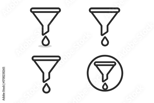 Filter funnel icon set with a drop. Vector outline signs for concepts like data filtering, sales and marketing funnel, conversion, lead generation, and purification process.