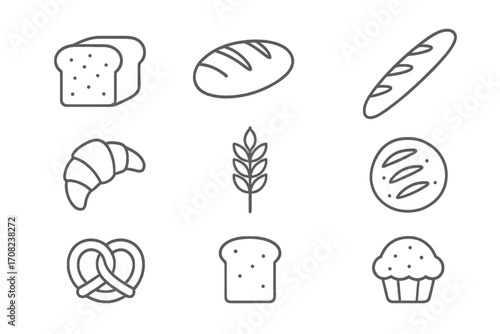 Bread and bakery thin line icon set. Vector pastry symbols. Loaf, baguette, croissant, pretzel, muffin, toast, wheat. Editable stroke illustration for web, apps, food menu.