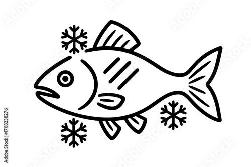 Frozen fish outline icon for seafood market. Fresh food concept vector illustration. Cold storage symbol with snowflakes. Simple line art for grocery packaging and menu design.