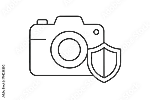 Camera and shield thin line icon. Photo equipment insurance. Copyright protection concept. Data privacy symbol. Photographer gear safety. Secure photography vector.