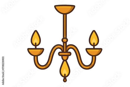 Chandelier icon vector illustration. Classic gold ceiling lamp with candles. Luxury vintage light fixture for interior design. Decorative element home decor. Flat cartoon style.