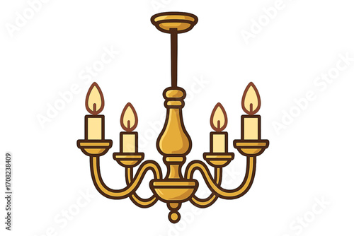 Classic chandelier vector icon. Golden vintage lamp with burning candles. Luxury antique light fixture for interior home decor. Elegant cartoon flat illustration.