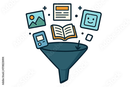 Marketing funnel with content icons. Metaphor for data filtering, lead generation, sales conversion. Process of organizing information from books, apps, graphics, and media.