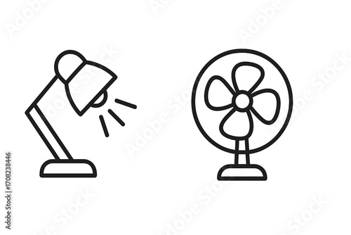 Desk lamp and electric fan vector line icon set. Home and office appliances for interior lighting and air cooling. Minimalist outline illustration for graphic design.