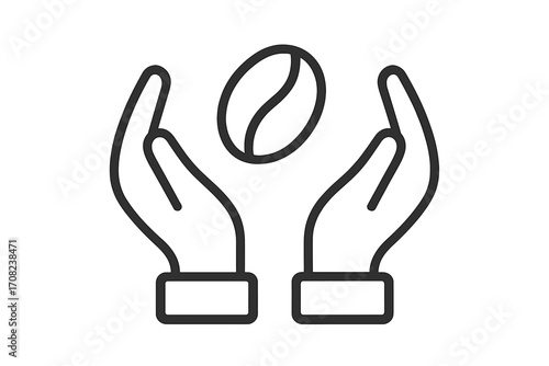Hands holding coffee bean line icon. Quality coffee concept symbol. Farmer care pictogram for fair trade, cafe, or organic product logo. Minimalist vector illustration.
