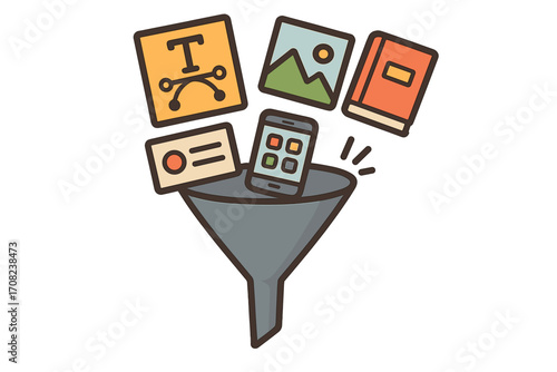 Content filtering funnel vector concept. Sorting digital assets like graphics, designs, books, apps, and photos for marketing, adverts or business. Data organization metaphor.
