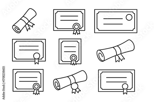 Diploma certificate outline icon set. Graduation scroll, degree document. Award, achievement, success concept. Education, qualification, training symbols. Vector line art.
