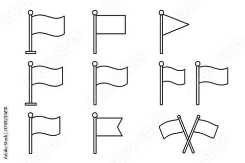 Flag line icon collection. Set of simple banner and pennant symbols for location pin, map pointer, or national sign. Waving flag vector outline collection for UI and app design.