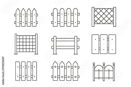Fence line icon set. Collection of various fences, including picket, wooden, and garden barriers. Outline vector symbols for web design, apps, and infographics. Simple linear pictogram pack.
