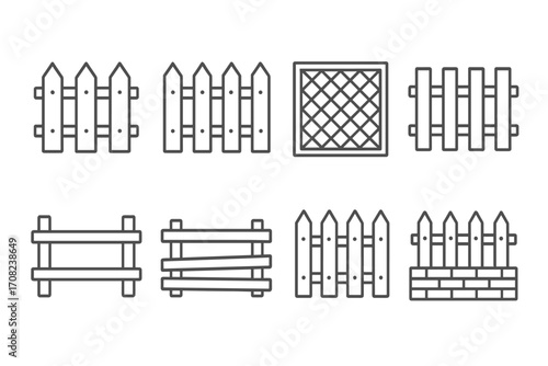 Fence line icon set. Collection of wooden fences, picket fence, and garden boundary symbols. Outline vector illustration for property, farm, enclosure, and security concepts.