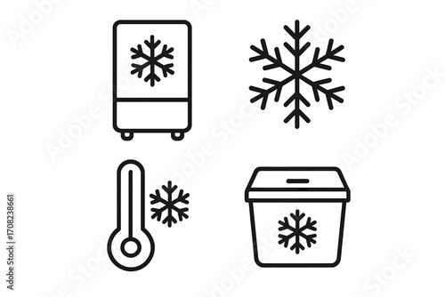 Cold storage outline icon set. Freezer, refrigerator, cooler box vector symbols. Concepts for cryo preservation, temperature control, and frozen food. Snowflake and thermometer.