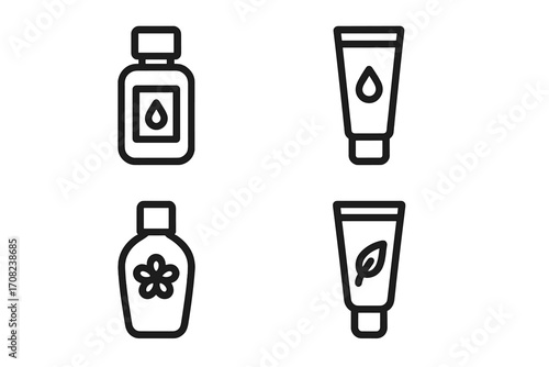 Cosmetic bottle tube cream lotion icon set. Minimal line art symbol collection for beauty, skincare, natural organic product. Vector illustration of serum, oil, floral scent, eco.