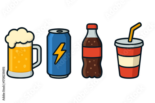 Set of drink icons. Vector cartoon illustration of beer mug, energy drink can, cola bottle, and soft drink cup. Isolated beverage collection for fast food menu design.