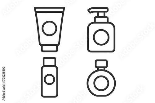 Cosmetic bottle line icon set. Skincare and beauty product packaging symbols. Minimalist vector illustration of lotion, cream tube, shampoo dispenser, and perfume bottle.
