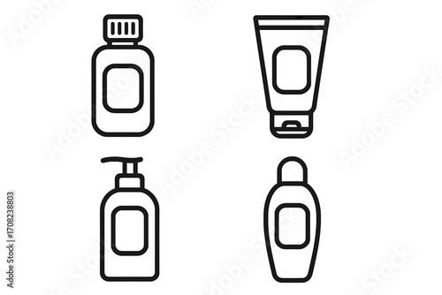Set of cosmetic bottle icons. Skincare packaging line art. Shampoo, lotion, cream tube, and soap dispenser symbols. Minimalist vector illustration for beauty products.